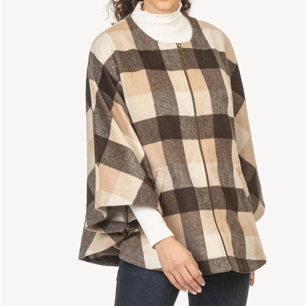Lilla P Plaid Brown Cape Poncho Oversized Retro Outerwear Zip Front OS Preppy